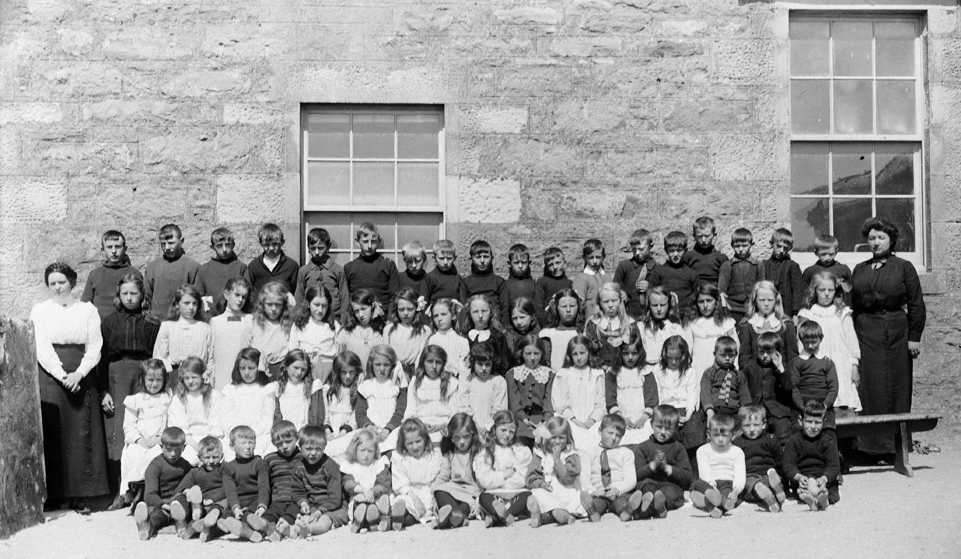 Boddam Primary School, 1912. John Logan in back row, seventh boy from right, in light suit.
